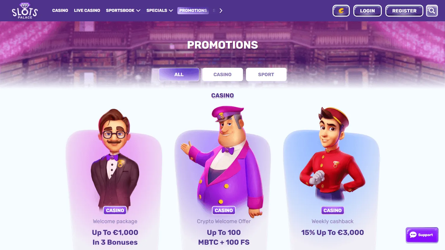 Slotspalace Casino desktop promotions and welcome offer